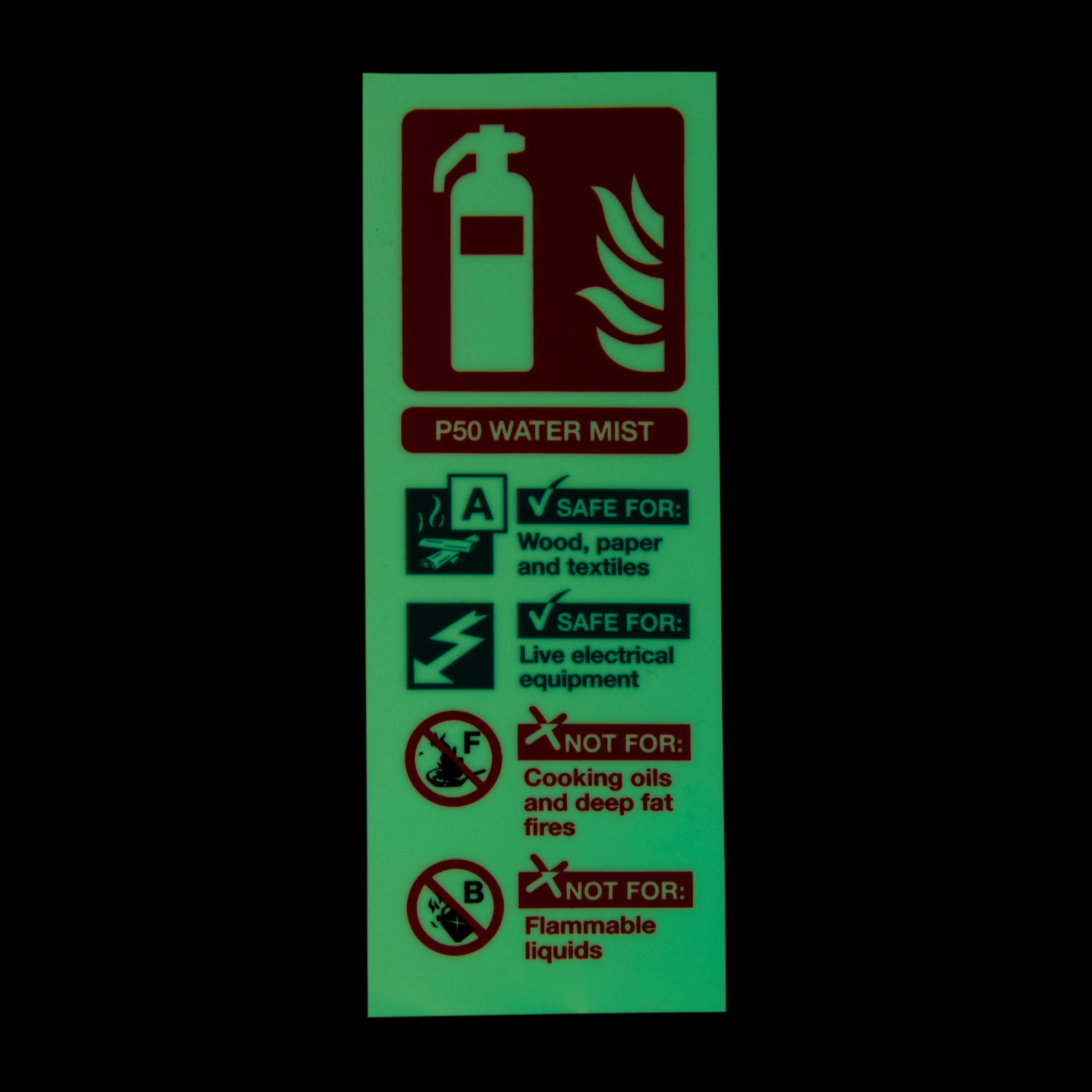 Photoluminescent P Water Mist Fire Extinguisher Id Signs Rigid Pvc